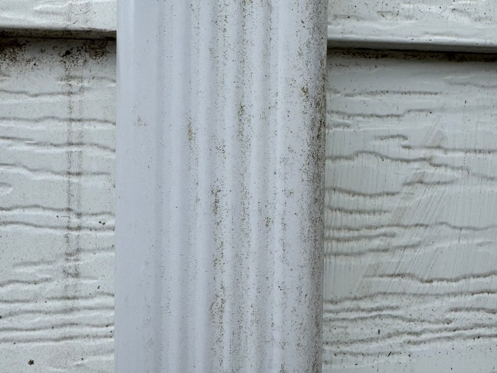 Revêtement de vinyle et descente pluviale couverts de moisissure avant lavage — Gatineau